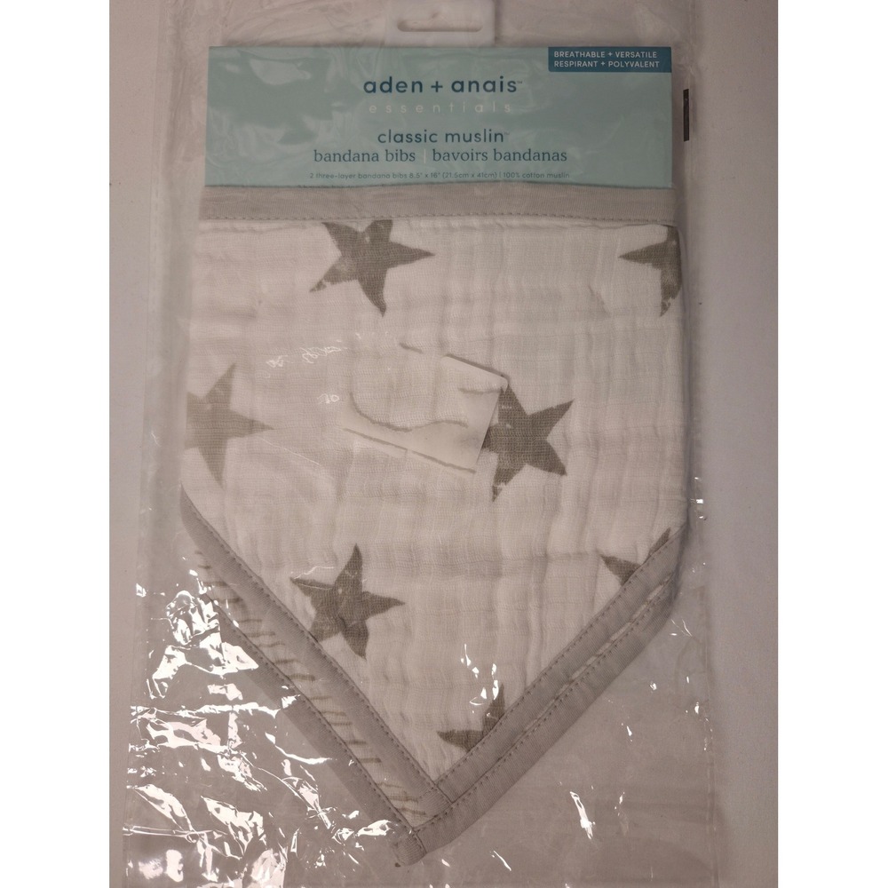 Aden + Anais Essentials Classic Muslin Bandana Bibs 2-Pack Grey White Stars NEW